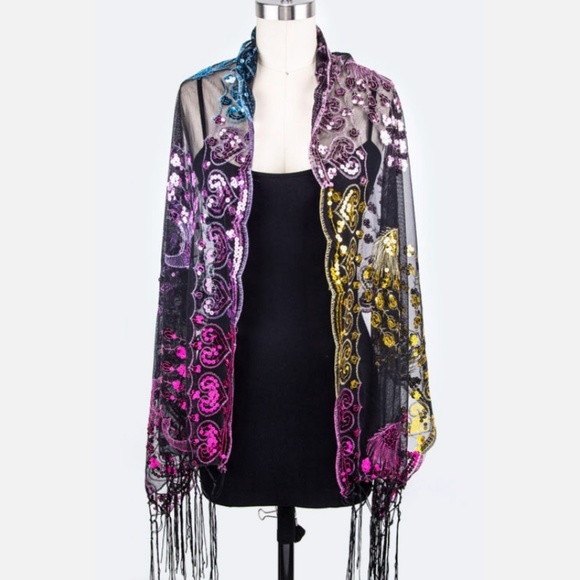 Scarf - Sequins Peacock Fringe Lace Multi - Picture 2 of 4
